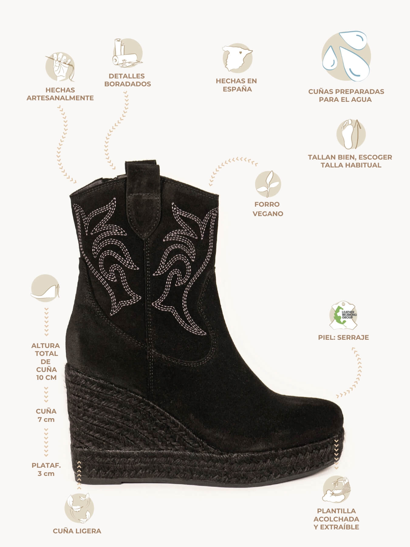 Acacia Compensée Haute Daim Noir Brodé