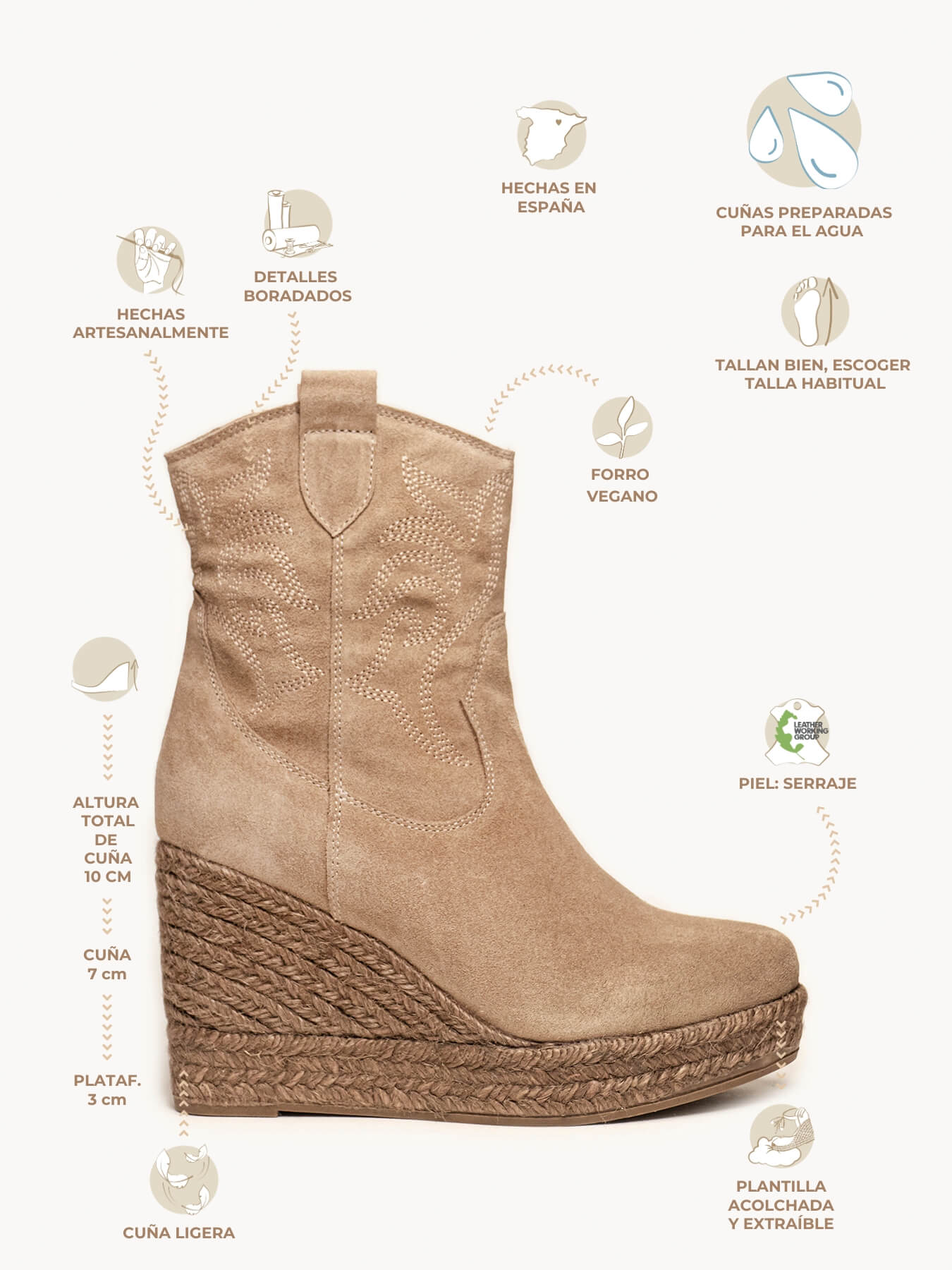 Acacia Cuña Alta Serraje Bordado Taupe