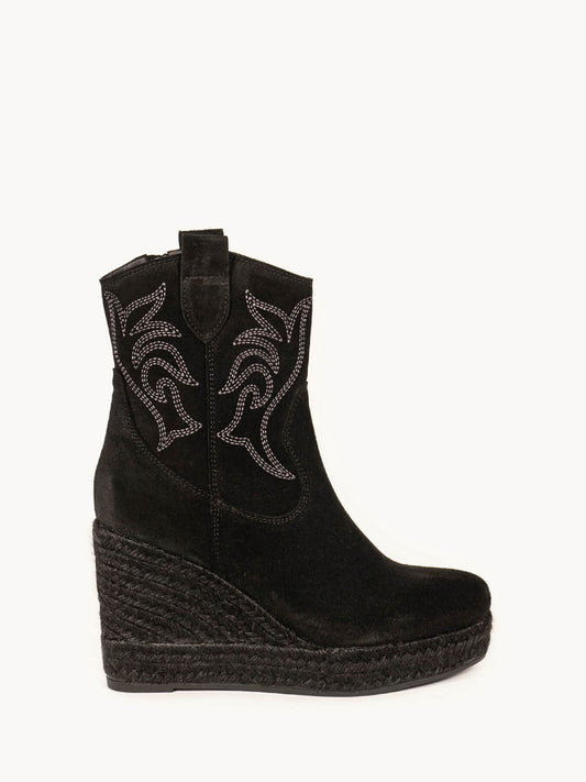 Acacia High Wedge Split Leather Embroidery Noir