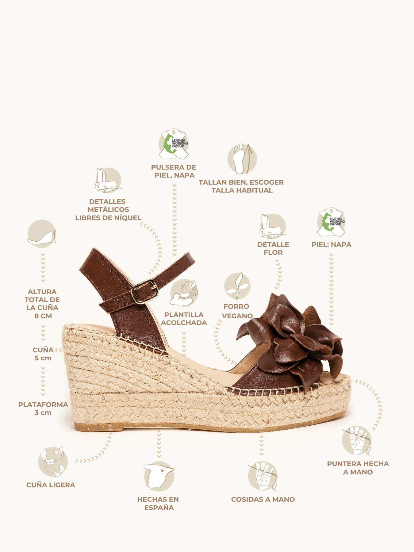 Alelí Cuña Media Plataforma Napa Flor Marron Oscuro