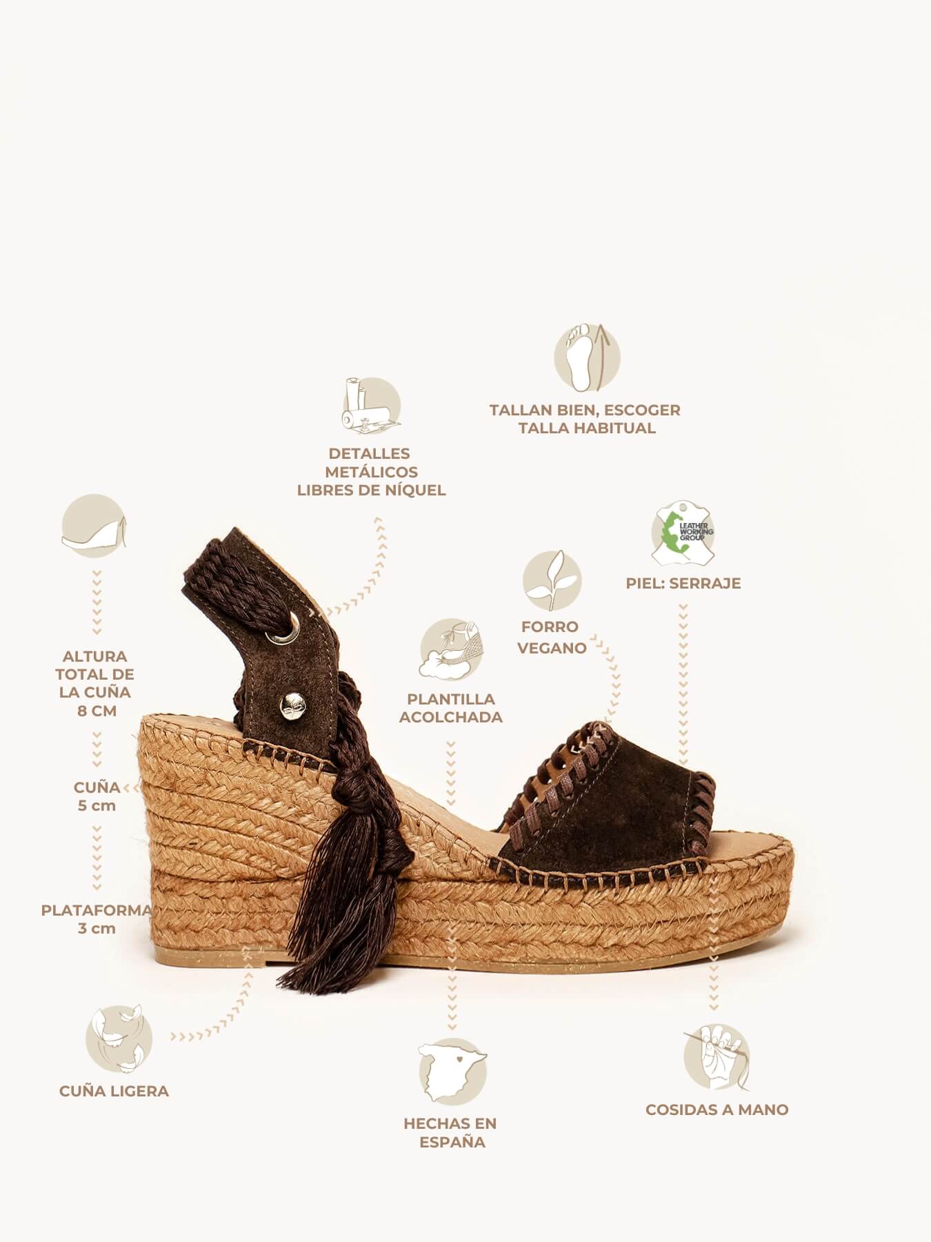 Aulaga 8 cm Wedge Suede Dark Brown
