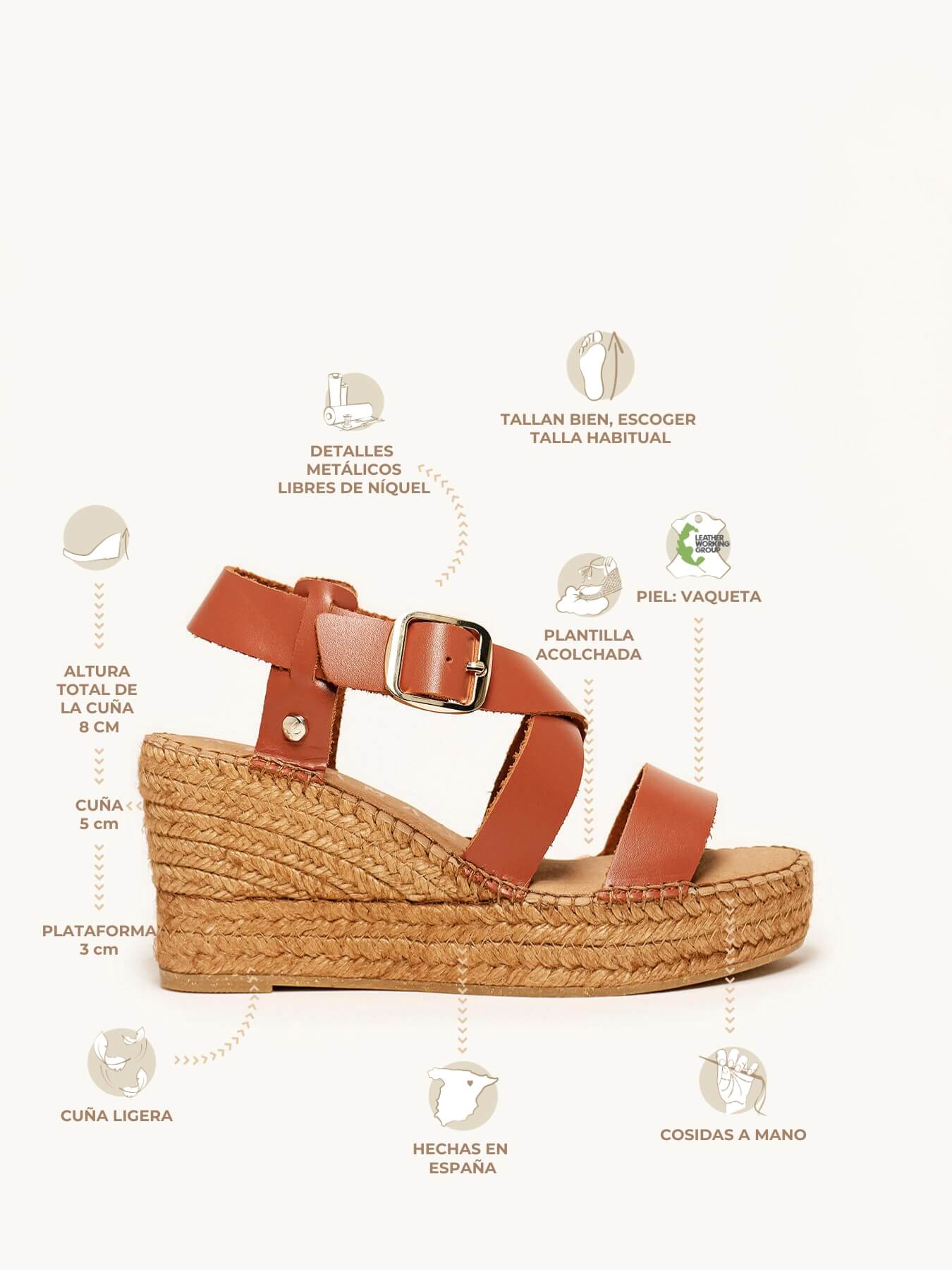 Jade 8 cm Wedge Leather Light Brown