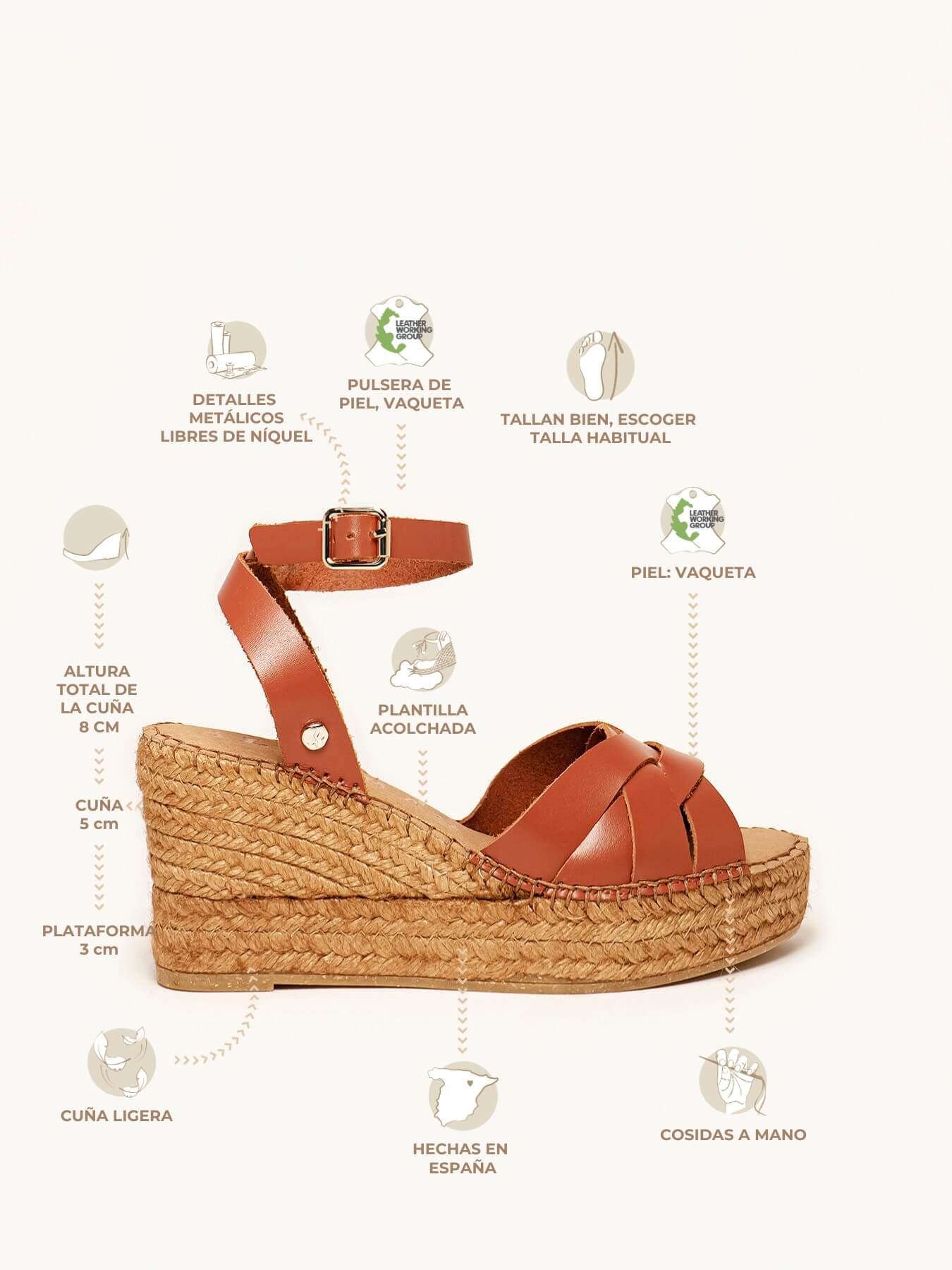 Jazmín 8 cm Wedge Leather Light Brown