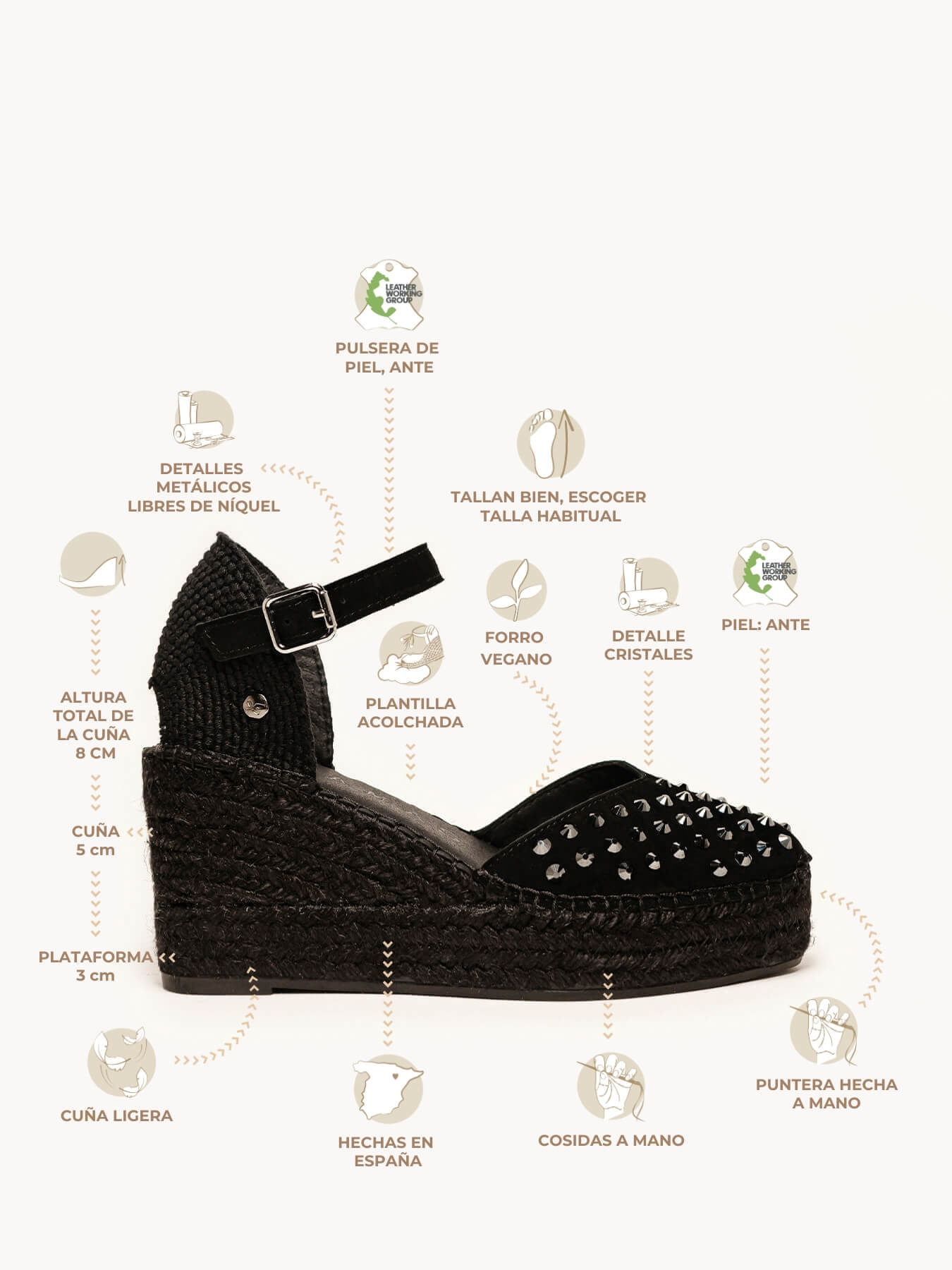 Jara Cuña 8 cm Ante Negro