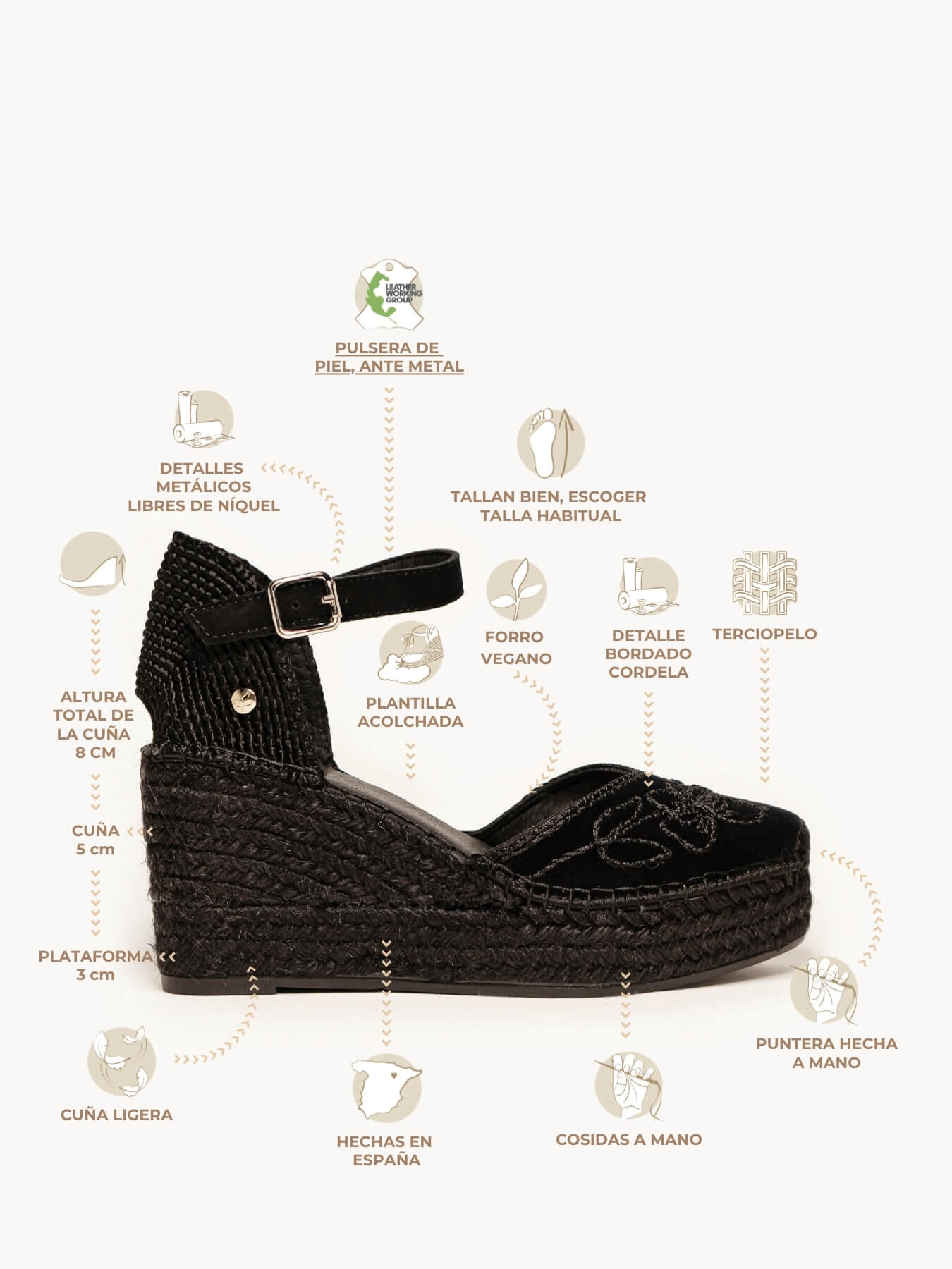 Jara Cuña 8 cm Bordado Negro