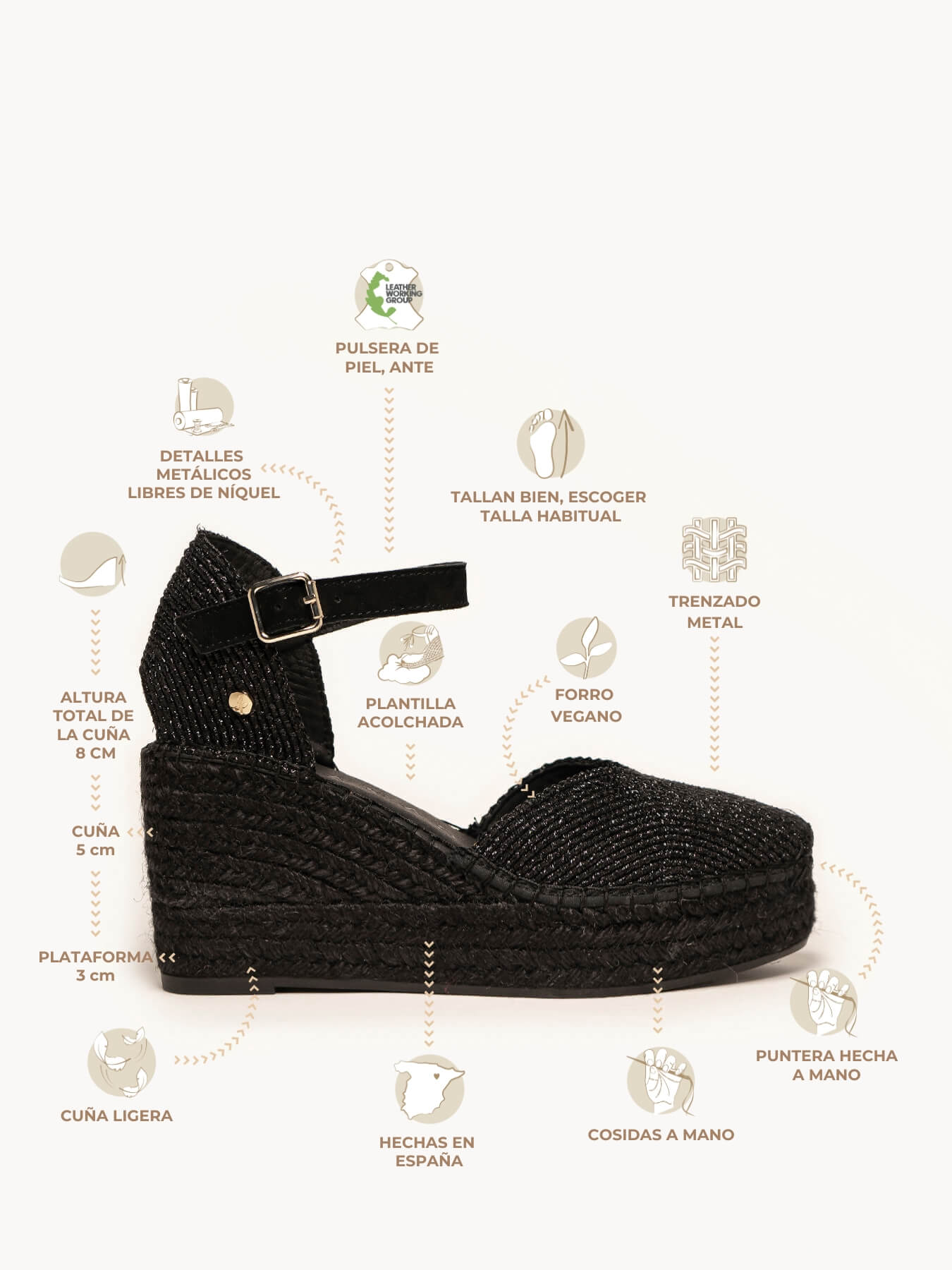 Jara Cuña 8 cm Trenzado Negro