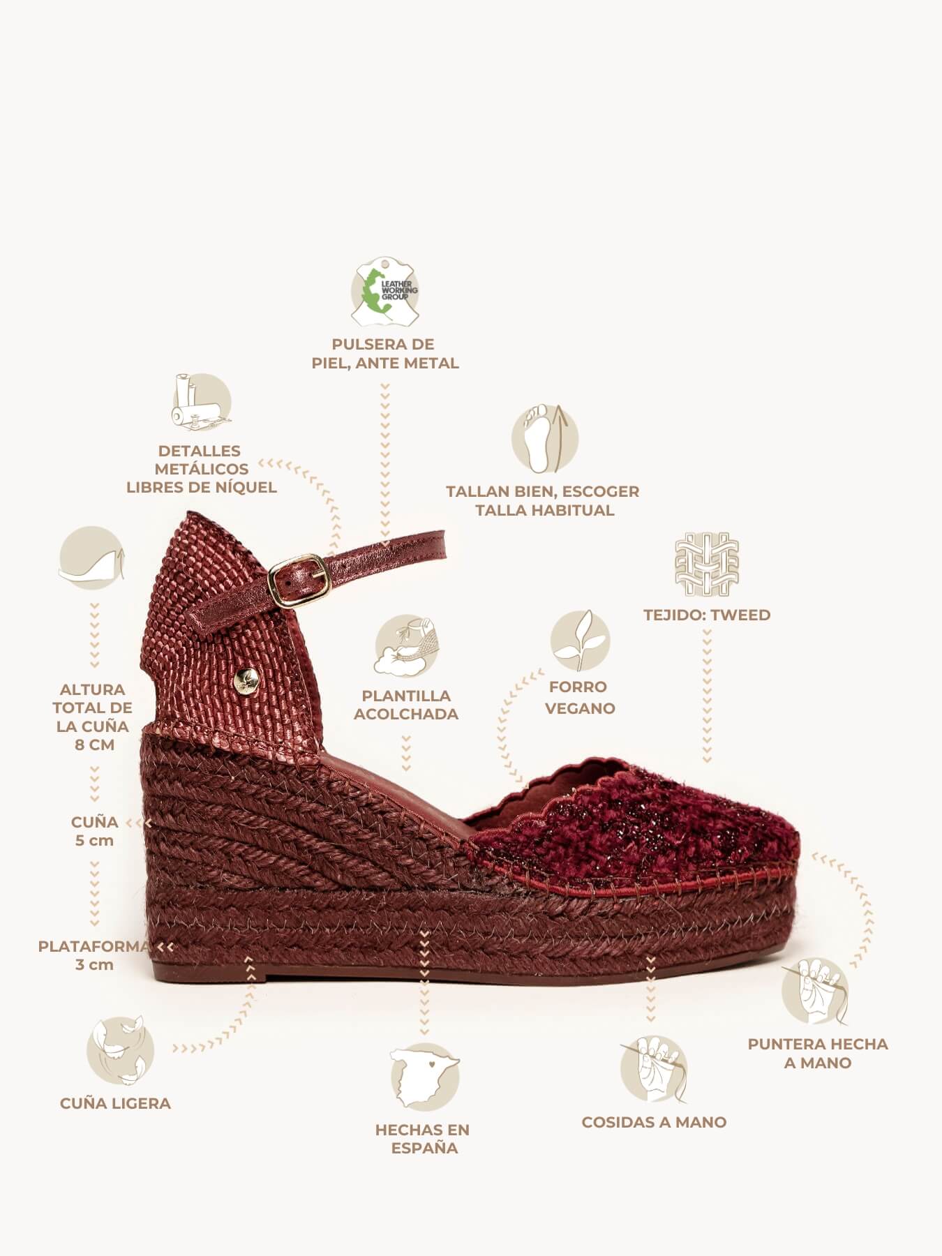 Jara Cuña 8 cm Tweed Granate
