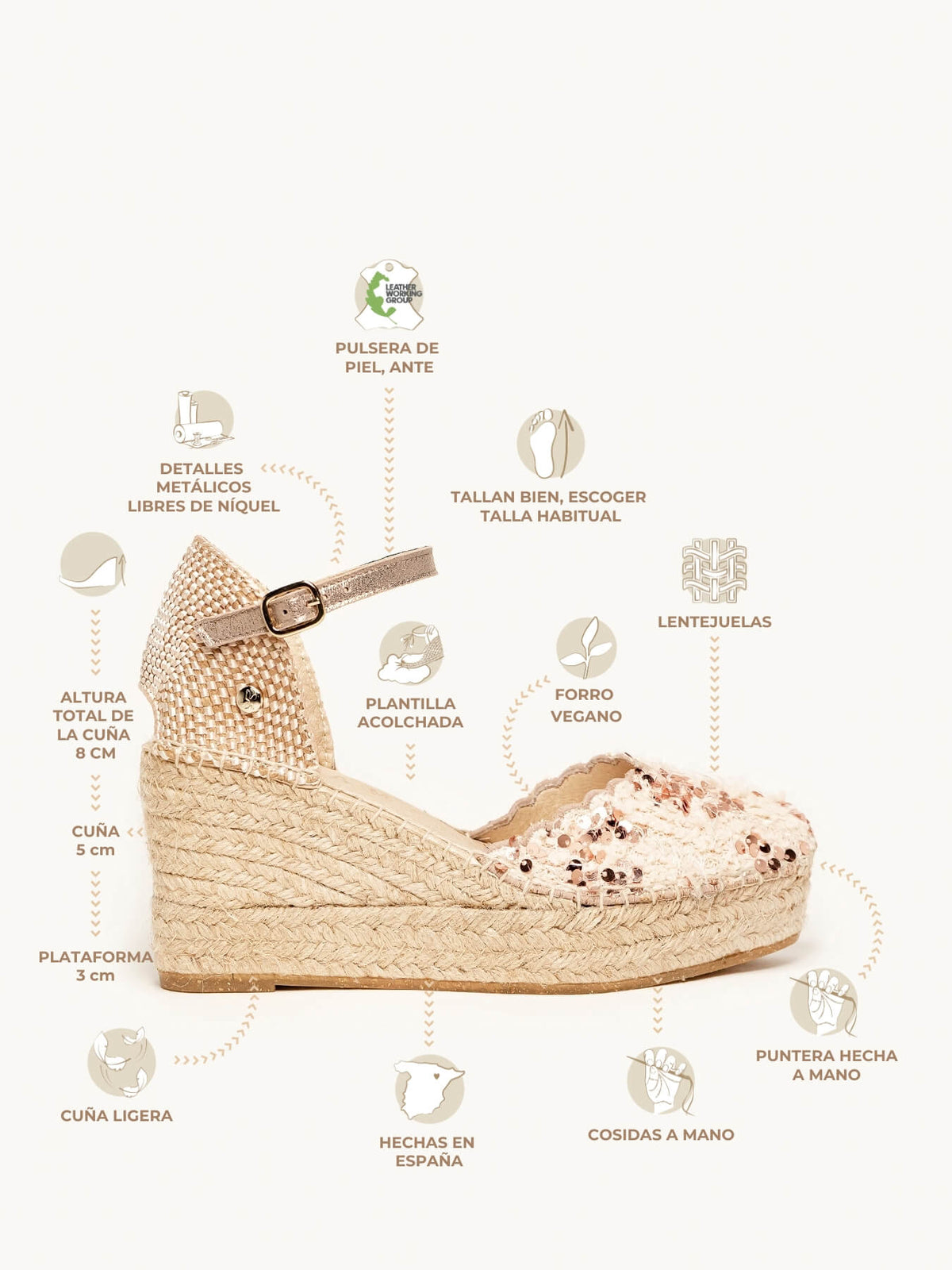 Jara Cuña 8 cm Tweed Rosa Claro