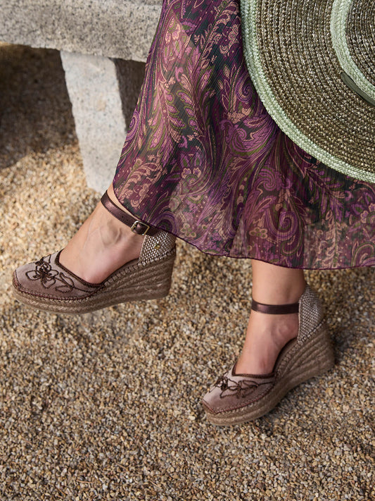 Jara Compensées 8 cm Broderie Taupe