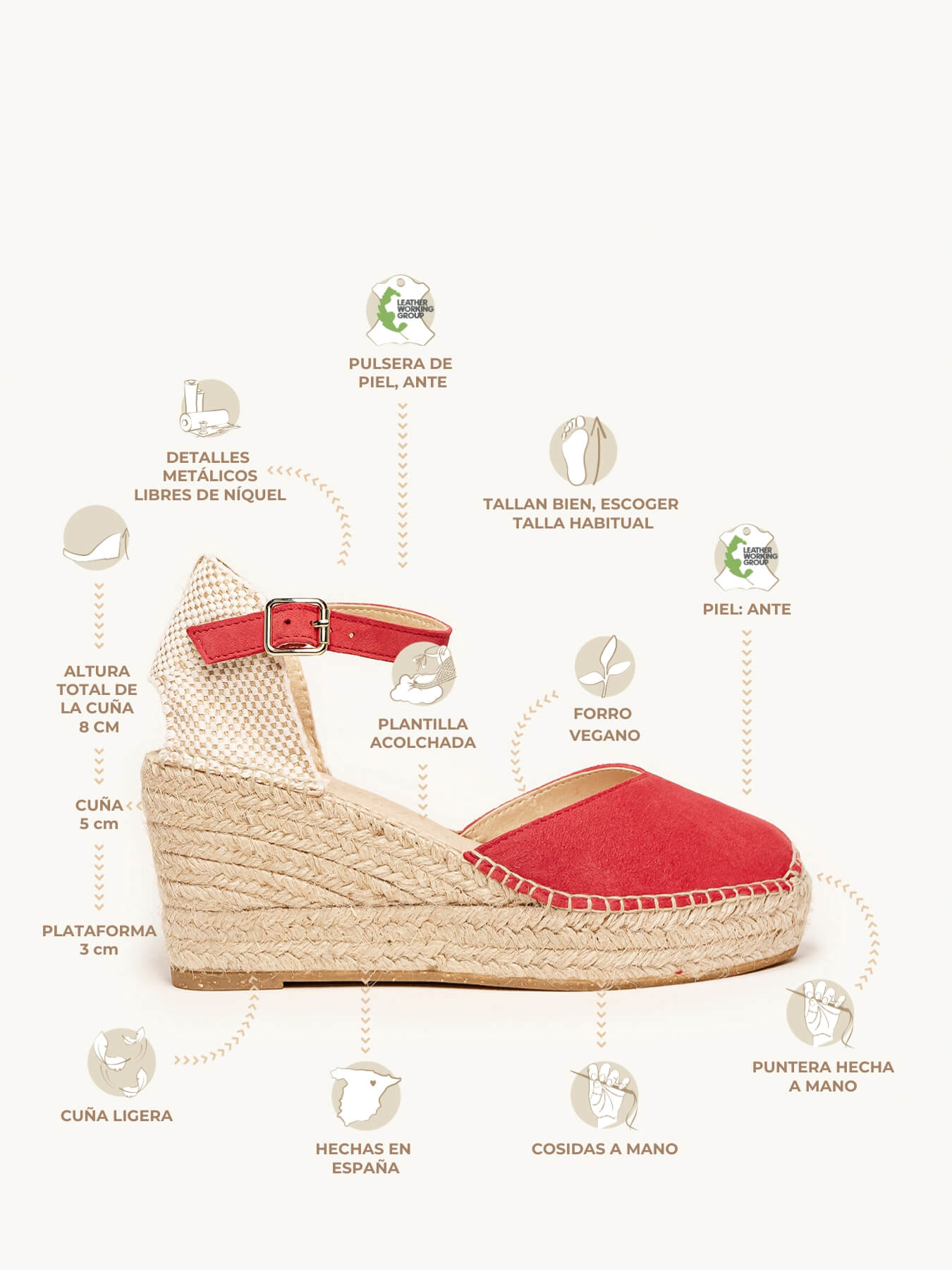 Jara Cuña 8 cm Ante Rojo