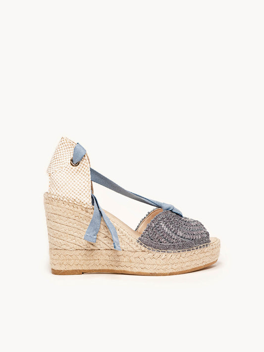 Lirio Cuña Alta Rafia Cintas Azul Jeans