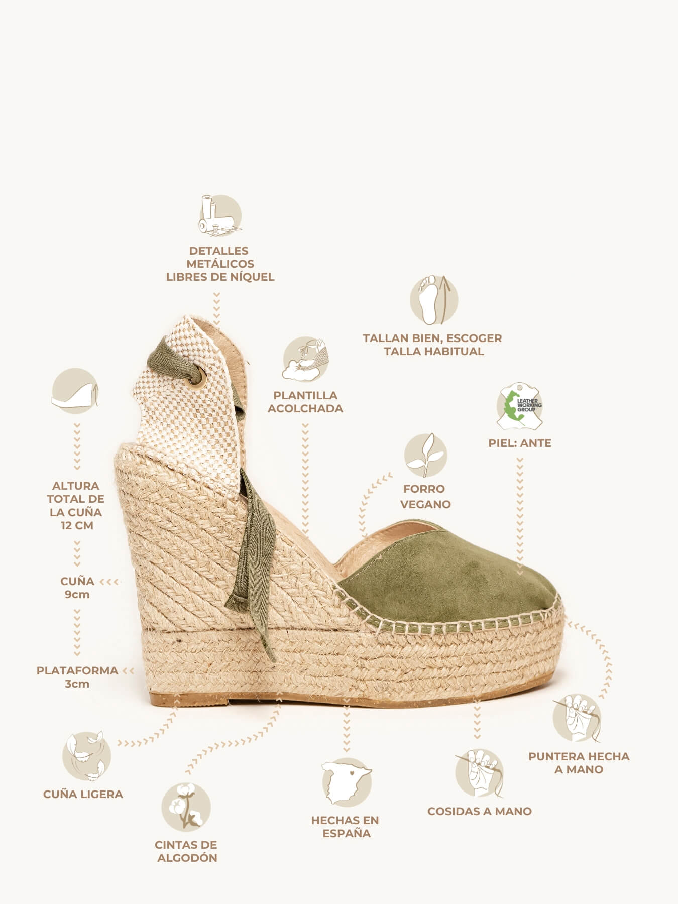 Romero Cuña Alta 12cm Ante Verde Kaki