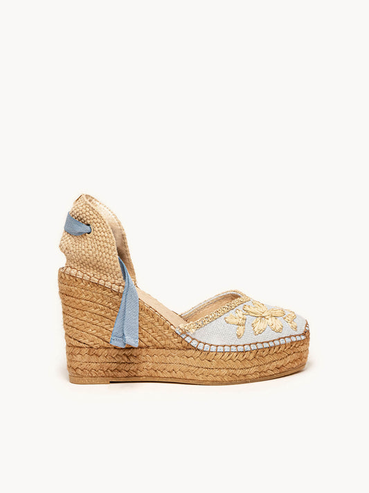 Romero Cuña Alta Rafia Petalos Azul Claro