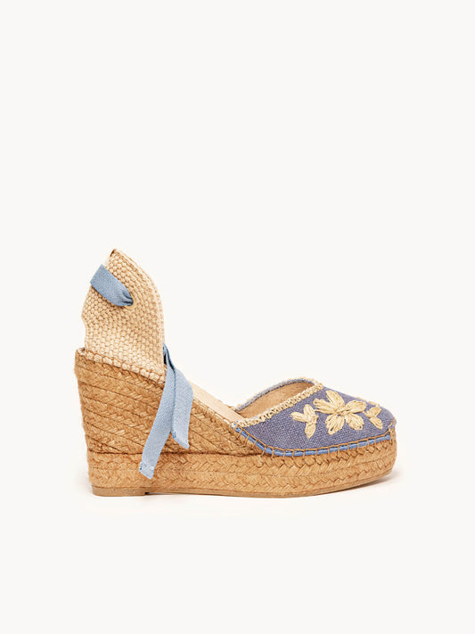 Romero Cuña Alta Rafia Petalos Azul Jeans