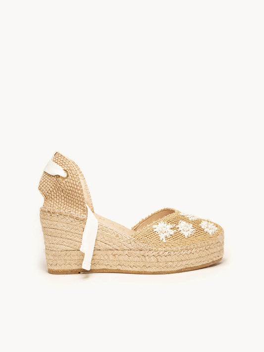 Romero Cuña Media Plataforma Rafia Flores Blanco