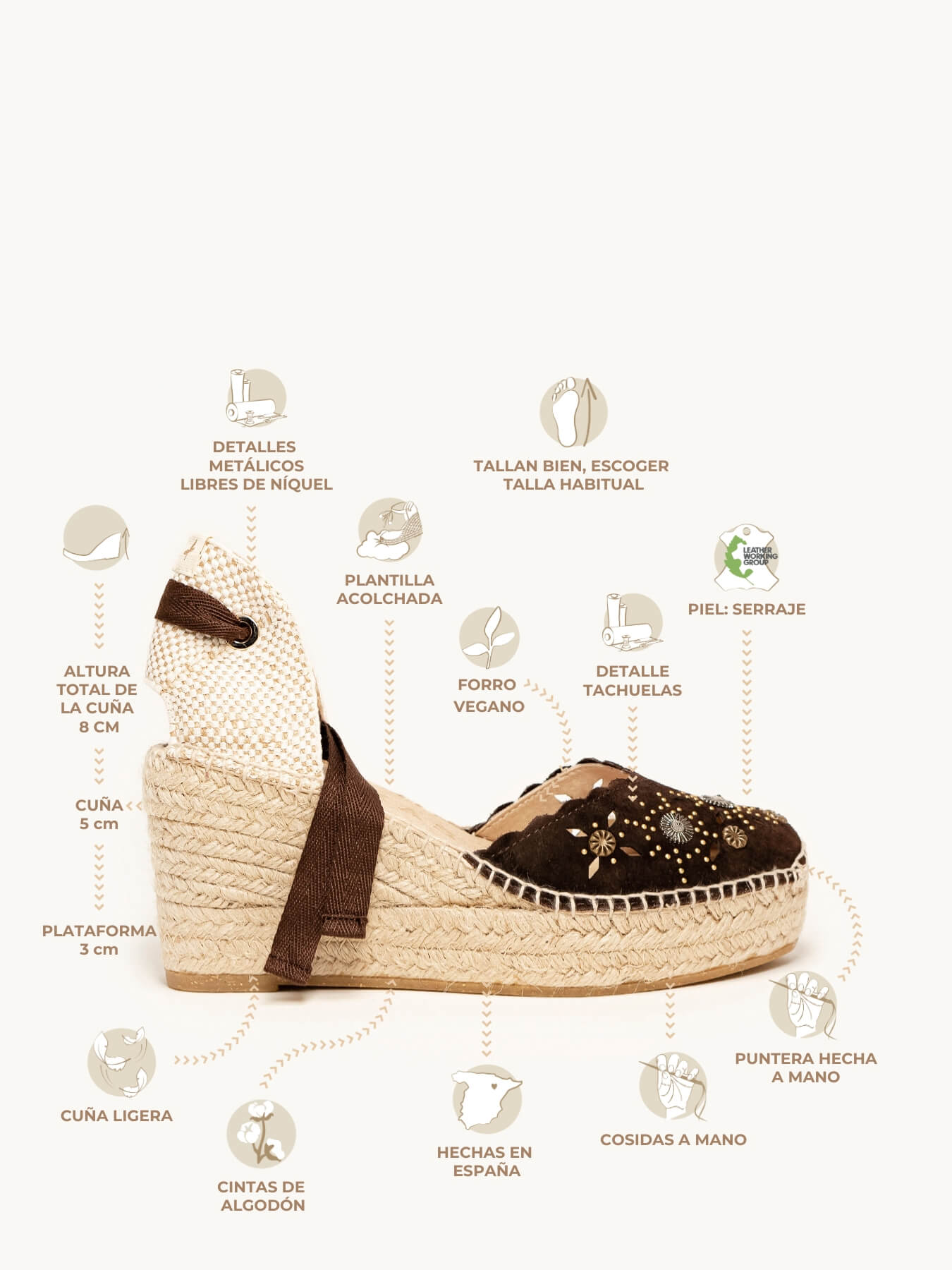 Romero Cuña Media Plataforma Serraje Tachas Marron Oscuro