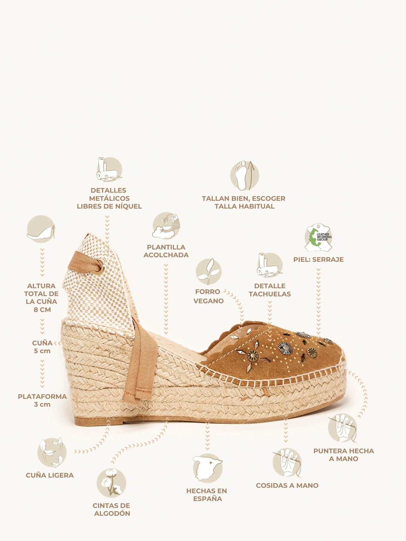 Romero Cuña Media Plataforma Serraje Tachas Marron Claro