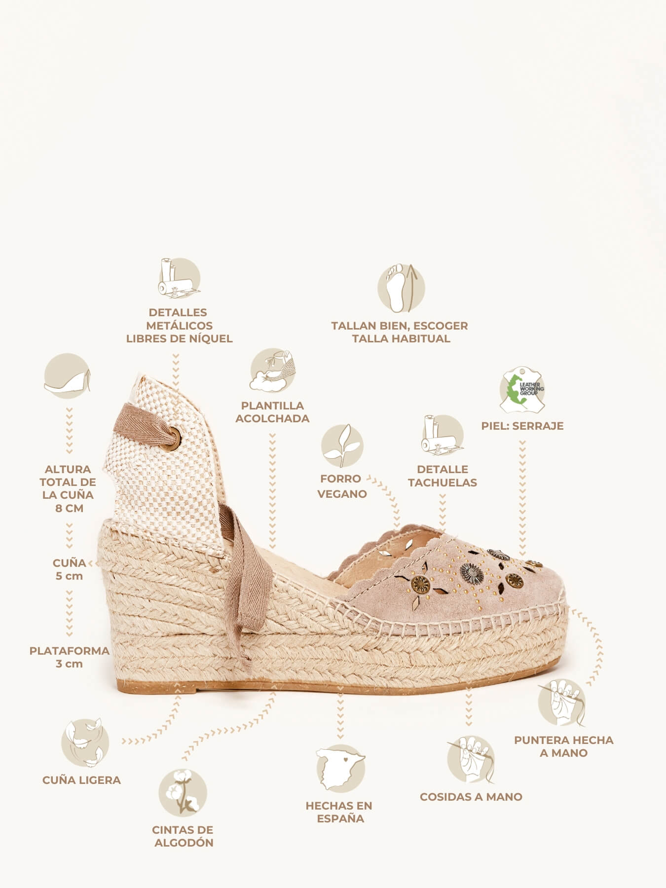 Romero Cuña Media Plataforma Serraje Tachas Taupe